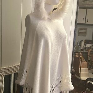White Hooded Poncho with Fringe